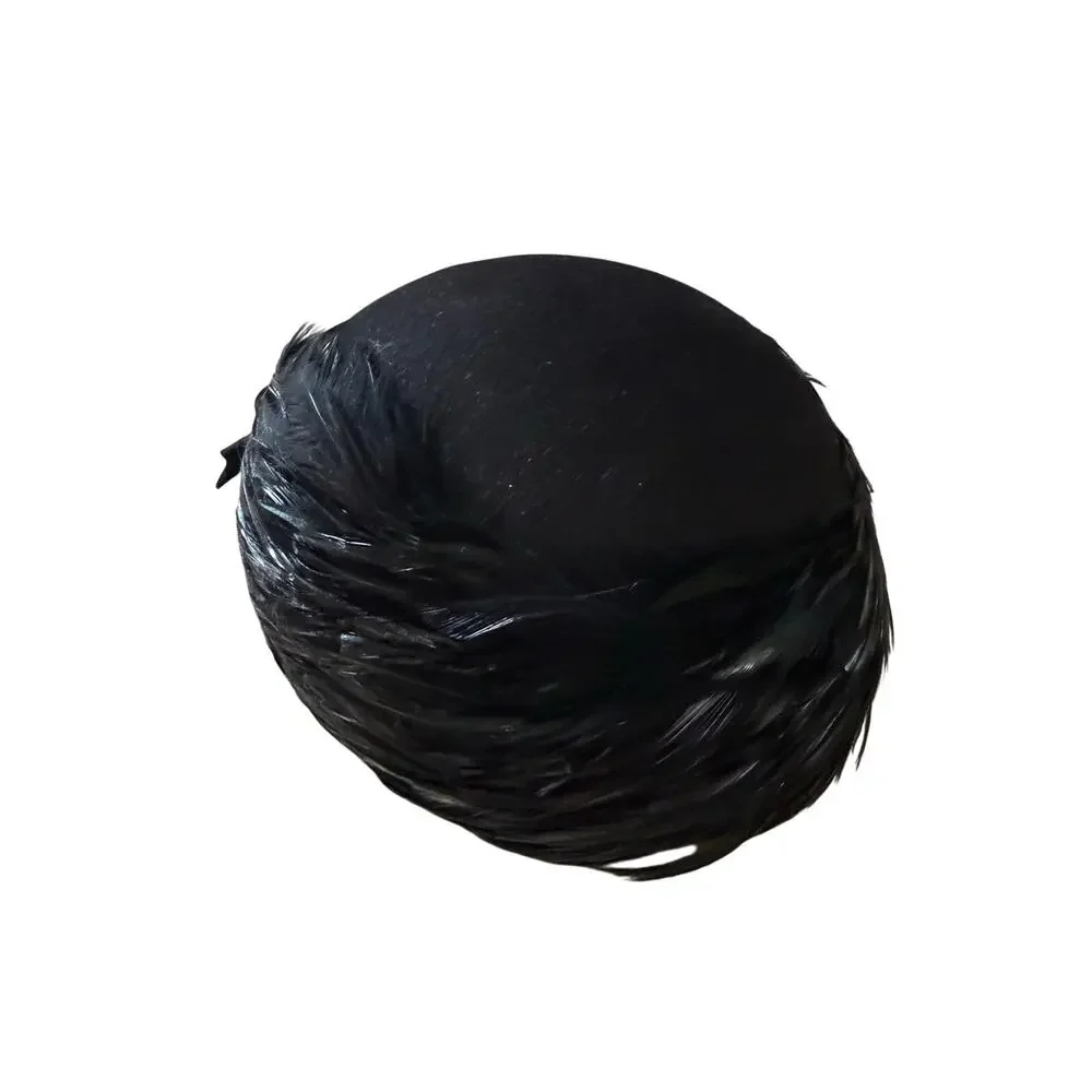 Vintage Mr. John Moderne Black Feather Pillbox Hat Fascinator Bow Accent